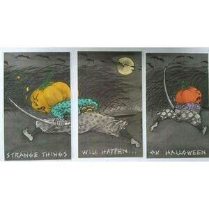 Halloween Postcard Set Of (3) Samurai Pumpkin Head Goblins Flying Rabbit 1993